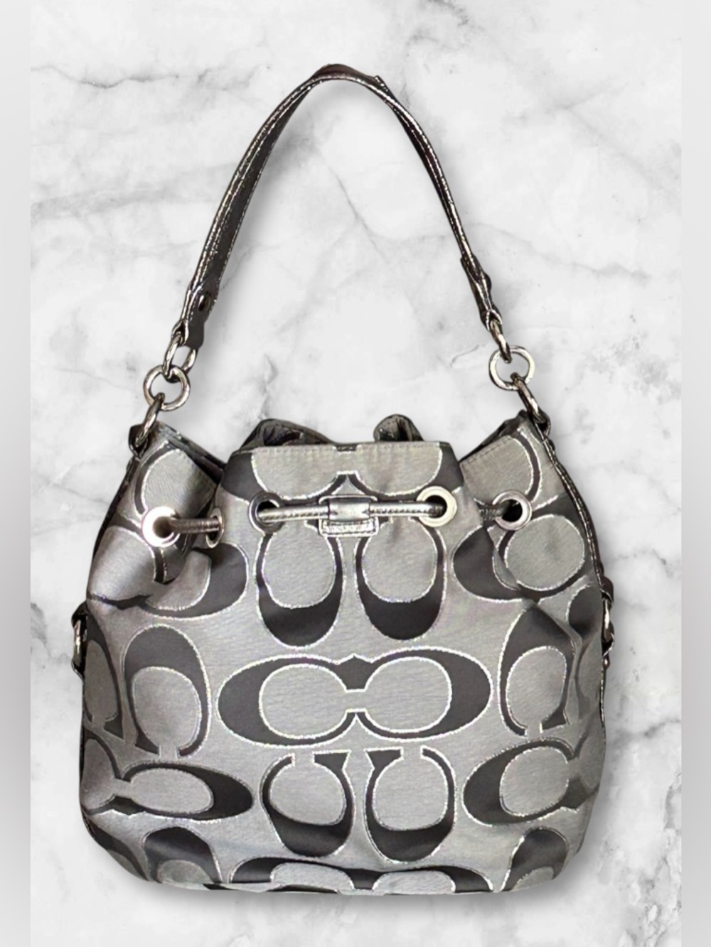 NWT Coach Poppy Signature Lurex Cinch Shoulder Bag Silver/Ash 17930 NEW - Picture 3 of 15